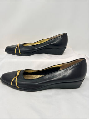 Bally Megan Black Leather Gold Cord Wedge Pumps Size 10